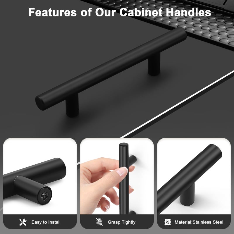 Probrico 5 Pack Holes Spacing(90mm) 3.5inch Flat Black Kitchen Cabinet Handles, Stainless Steel Dresser Drawer Pulls,6inch Length Euro T Bar Pull Handle for Closet - Image 3